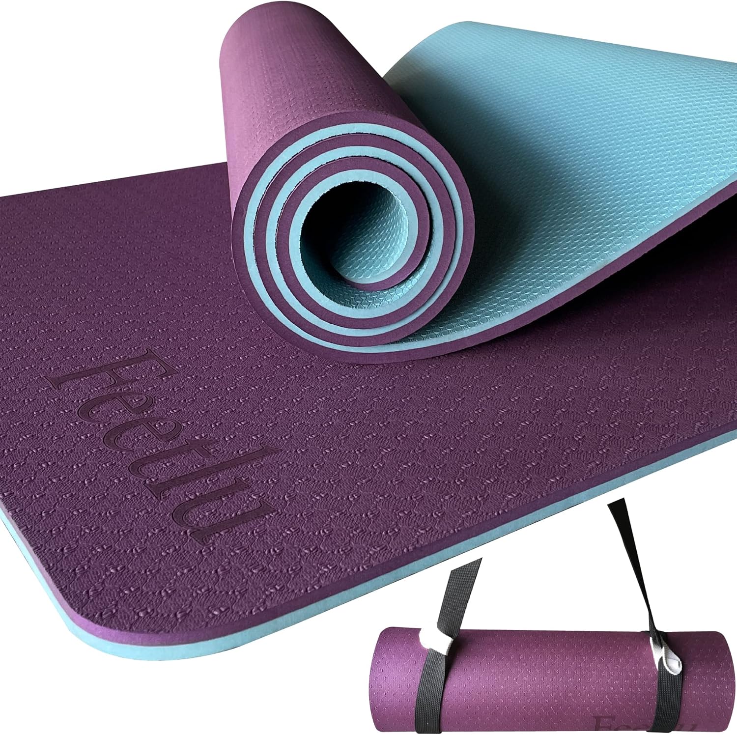 Extra Large & Cushioned Yoga Mat with Strap \u2013 10mm & 12mm Thick Yoga Mat, Non-Skid Dual Surface Workout Mat, Eco-Friendly POE Yoga Mats for Women Men Kids, Perfect Exercise Mat for Pilates, Yoga, and Floor Workouts, Includes Carrying Strap.