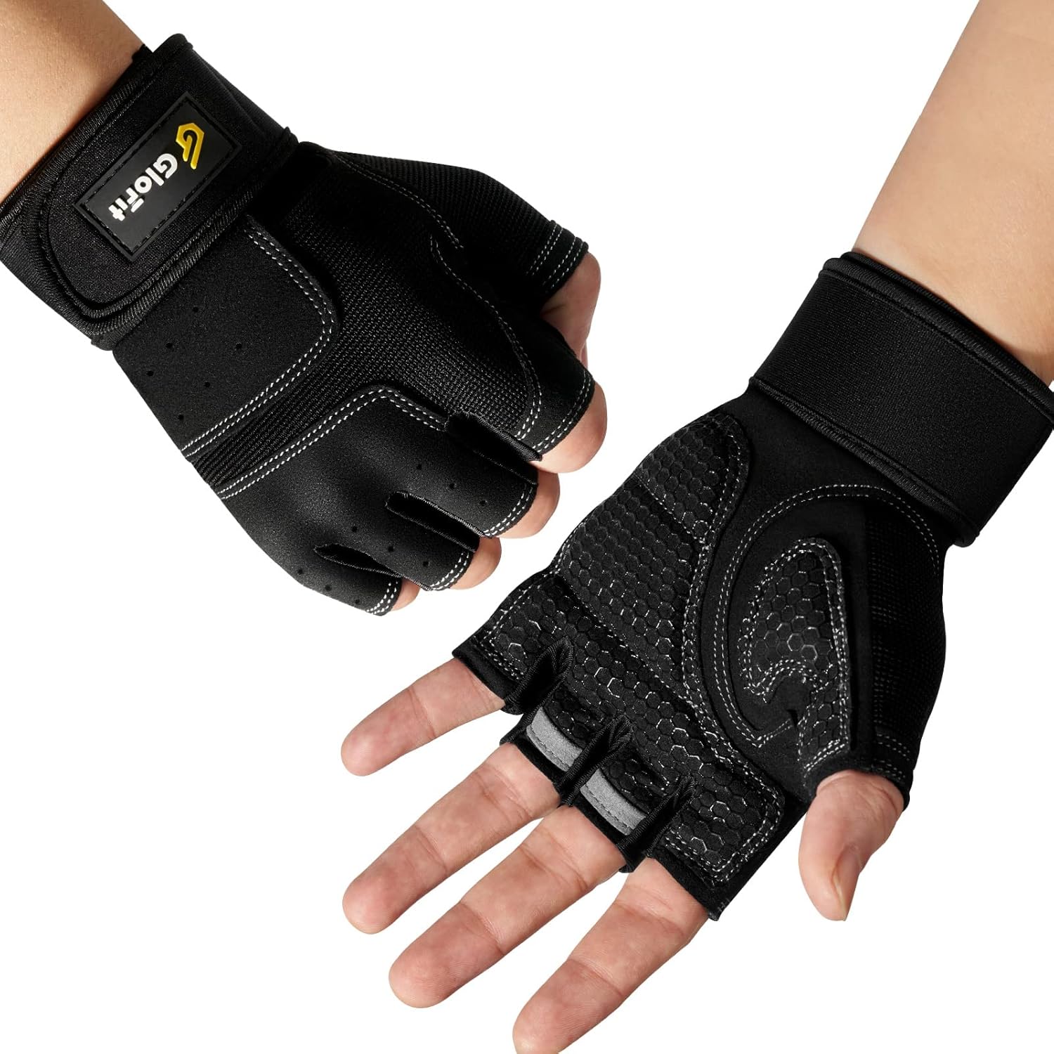 Glofit Workout Gloves with Wrist Wrap Support for Women & Men, Weight Lifting Gloves Fingerless Gym Gloves for Cycling, Training, Push-up