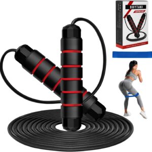Jump Rope and Resistance Band, Tangle-Free Rapid Speed Jumping Rope with Ball Bearings, Skipping Rope with Foam Handles for Women Men Kids, Adjustable Jump Rope for Fitness Workout Aerobic Exercise